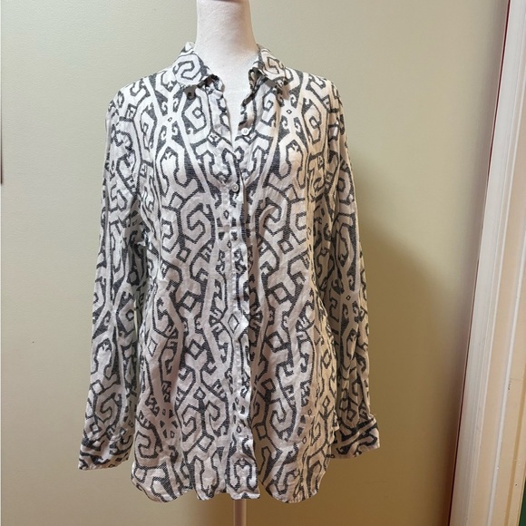 J.Jill tribal print white button down linen shirt sz M - Picture 1 of 5